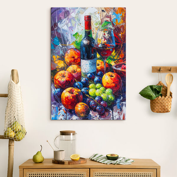 A painting of a wine bottle and fruit A painting of a wine bottle and fruit