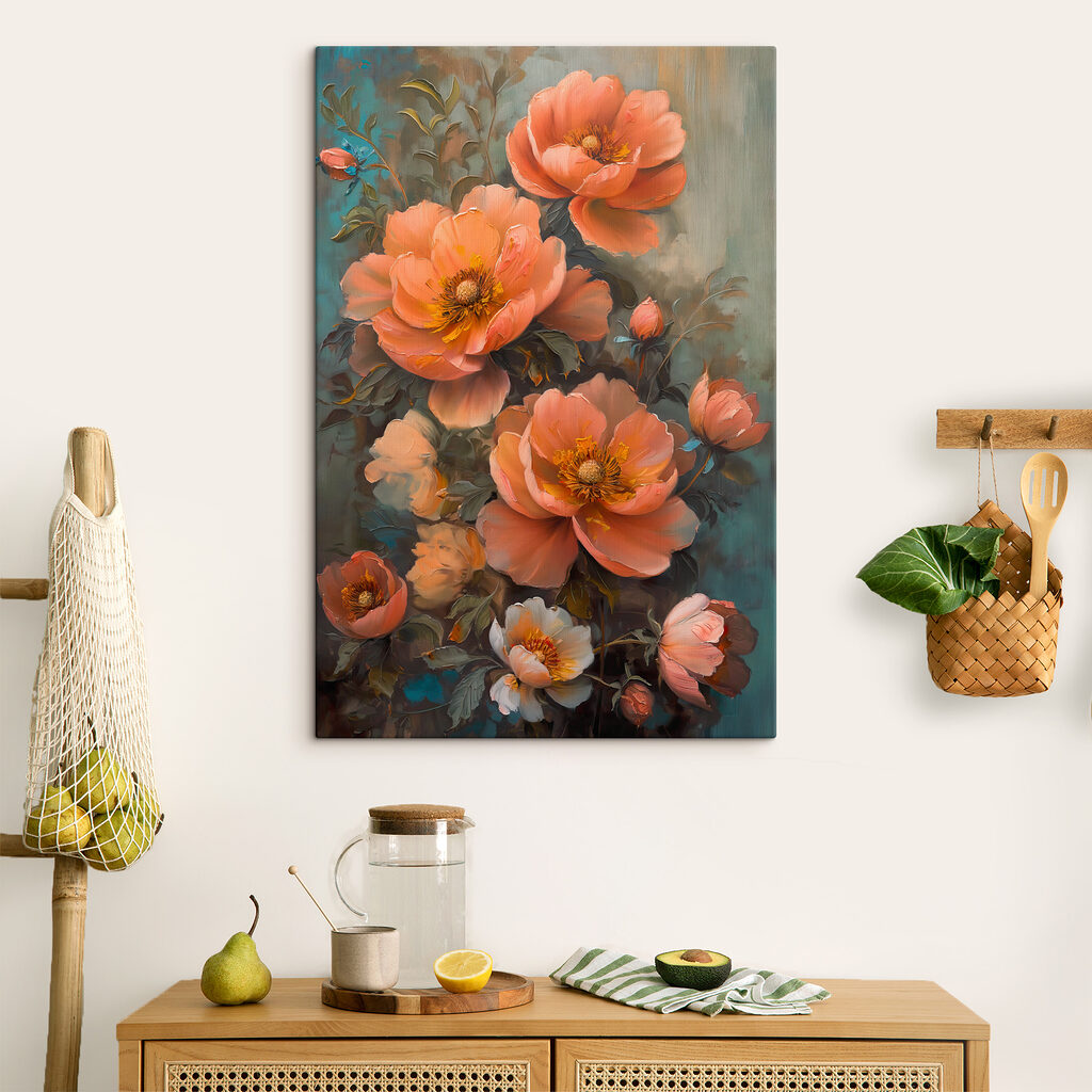 A painting of flowers on a blue background A painting of flowers on a blue background