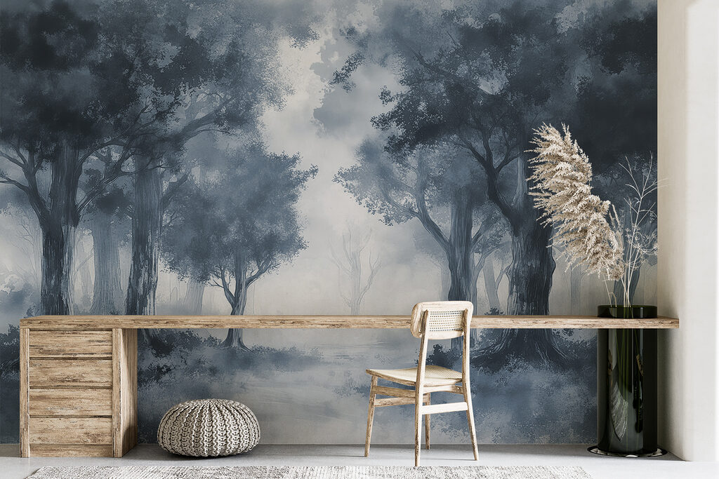 A foggy forest with trees and bushes A foggy forest with trees and bushes