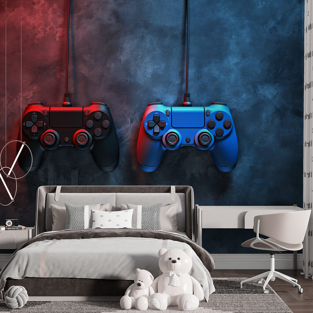 A blue and red video game controllers