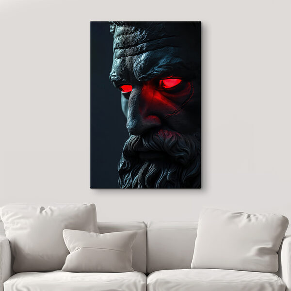 A statue of a man with red eyes