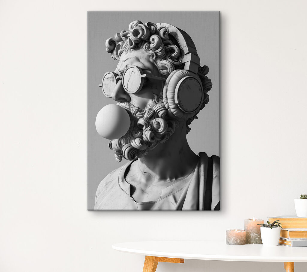 A statue of a man with headphones and a bubble gum A statue of a man with headphones and a bubble gum