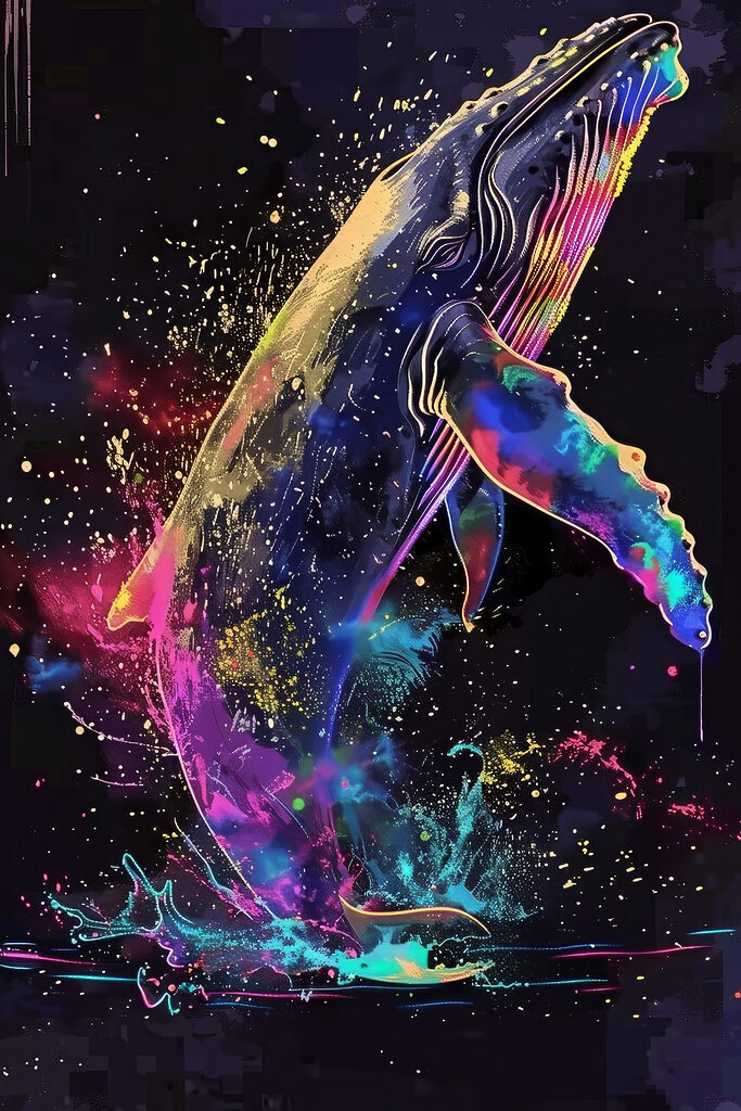 A colorful whale with rainbow splashes