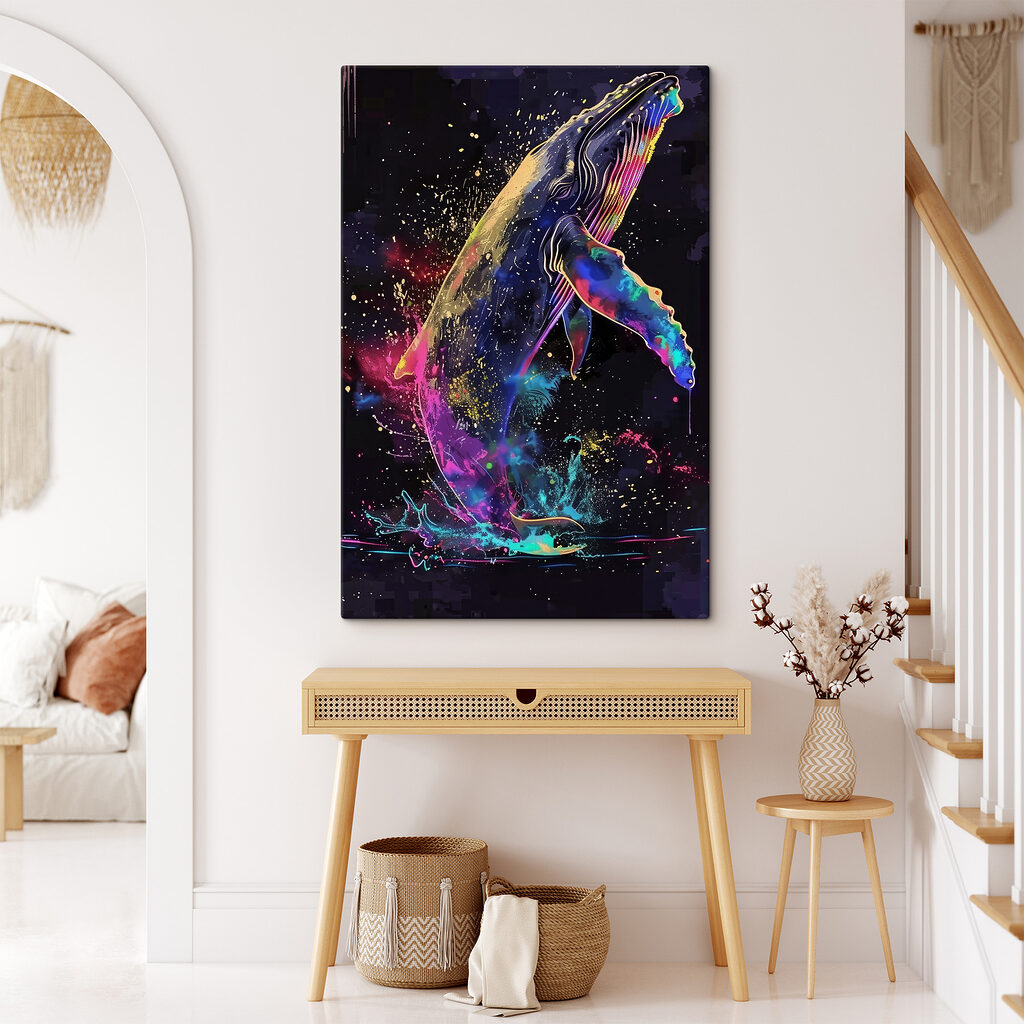 A colorful whale with rainbow splashes