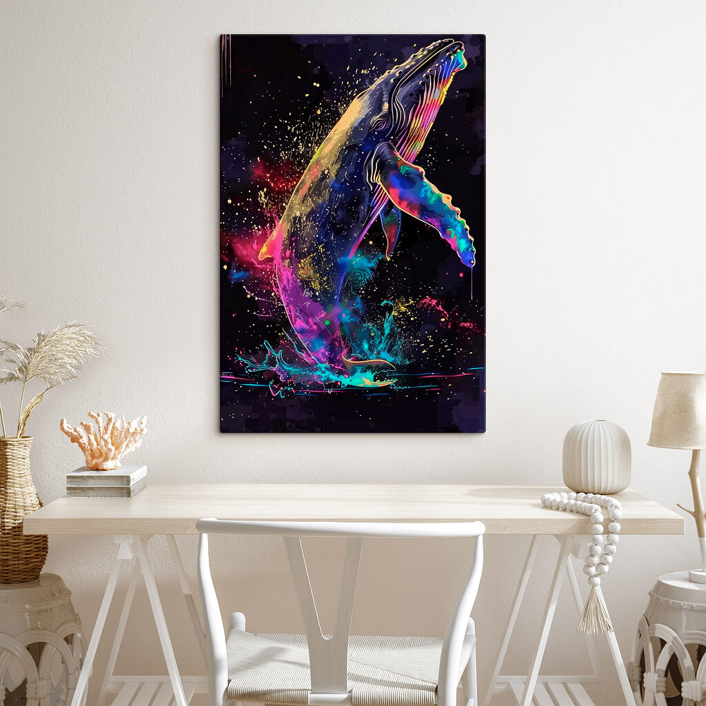 A colorful whale with rainbow splashes
