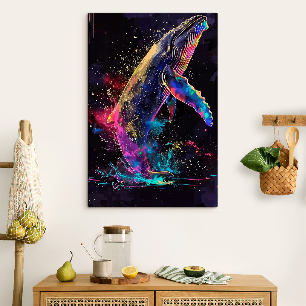 A colorful whale with rainbow splashes