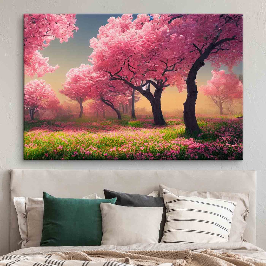 A field of pink flowers with trees