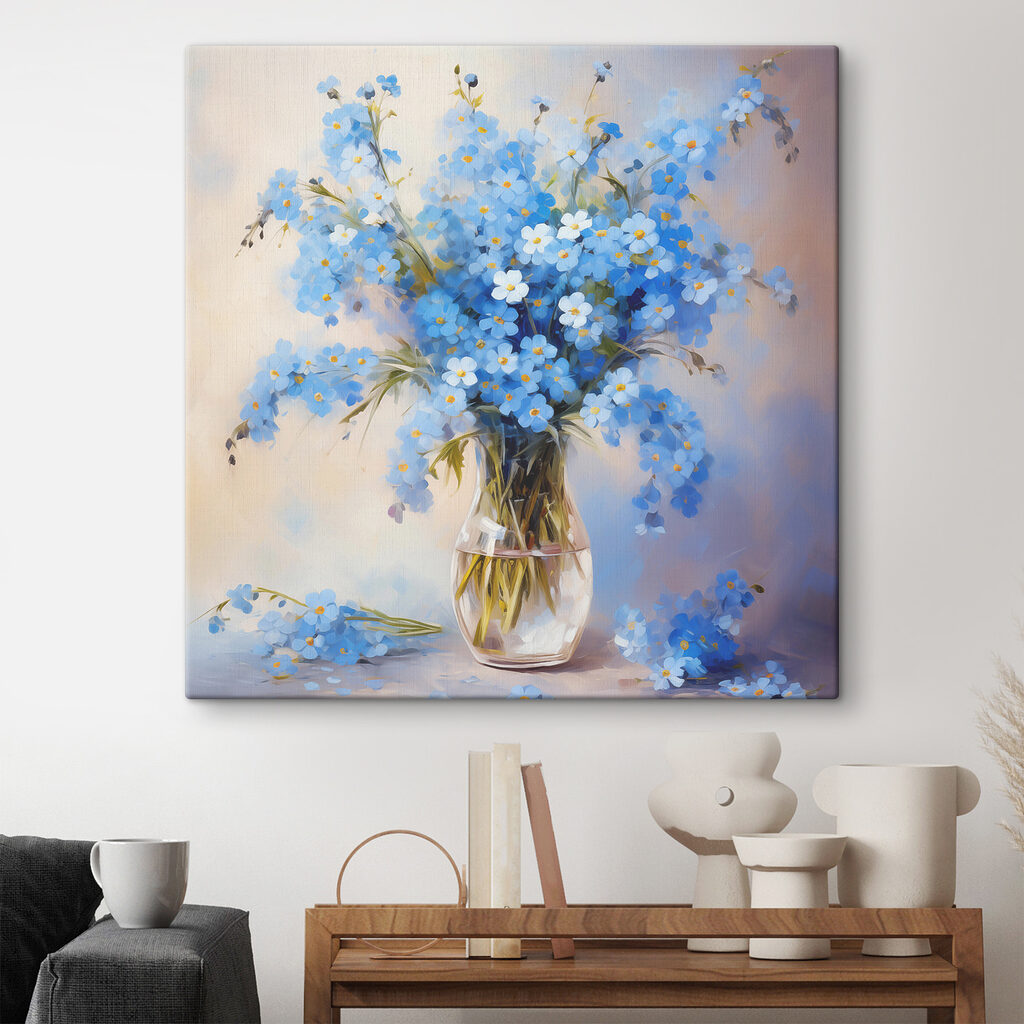 A painting of blue flowers in a vase