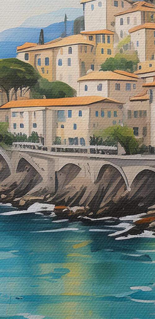 A painting of a town on a cliff by the water