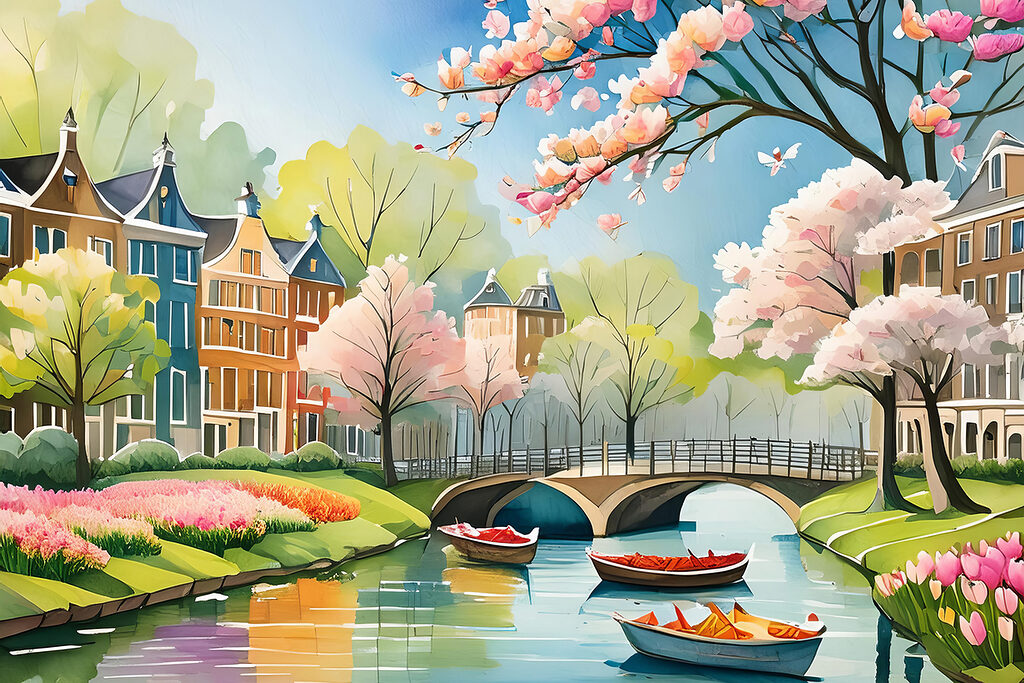 A painting of a river with boats and a bridge and trees