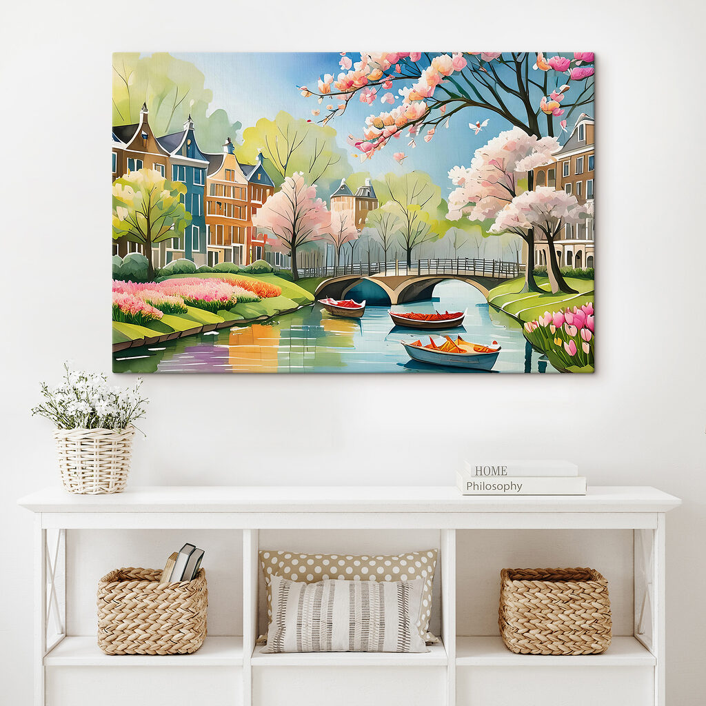 A painting of a river with boats and a bridge and trees