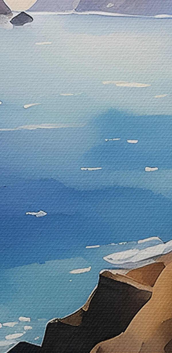 A painting of a sea with boats and buildings A painting of a sea with boats and buildings