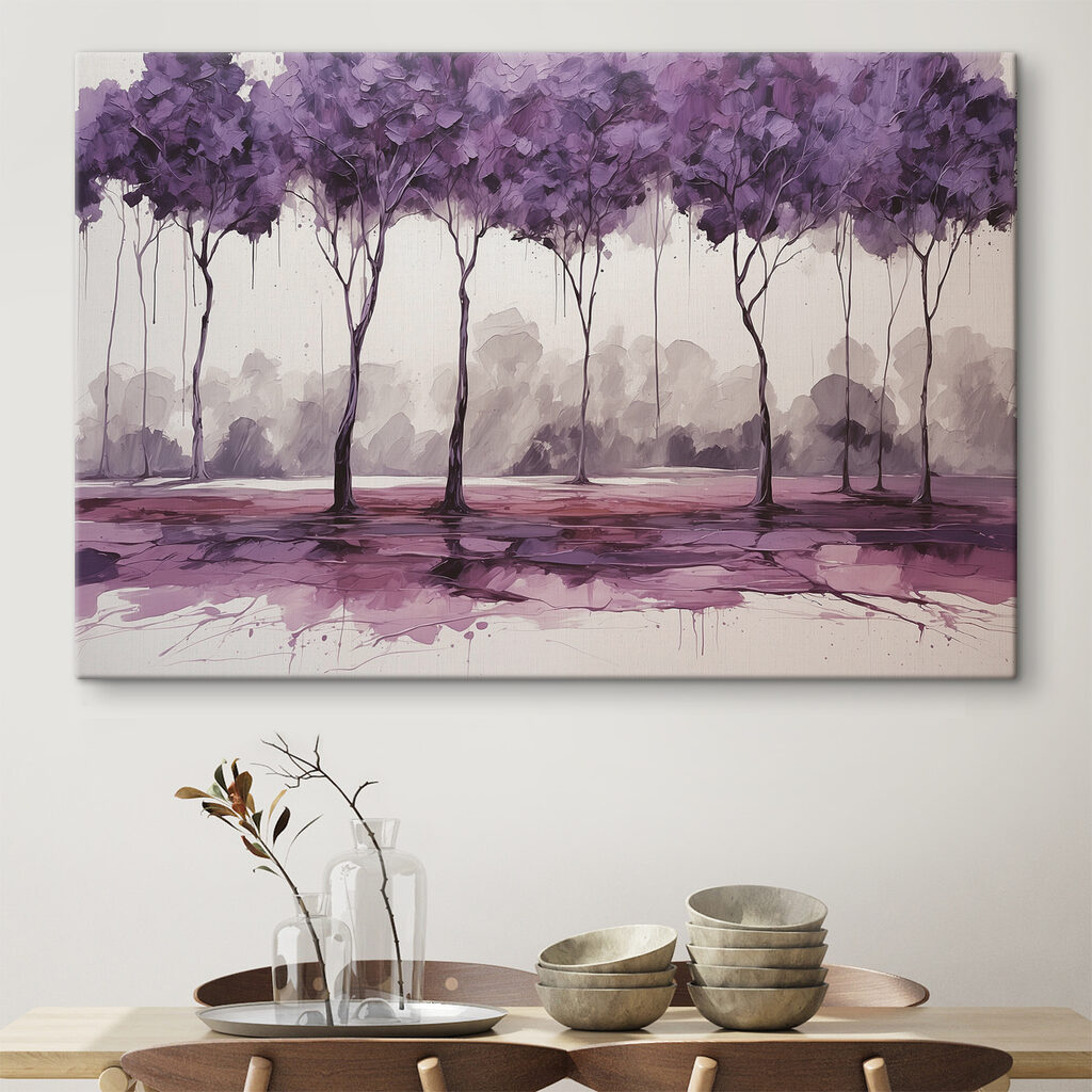 A painting of trees with purple leaves A painting of trees with purple leaves