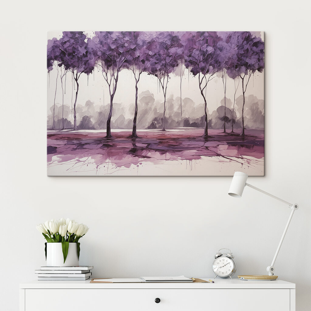 A painting of trees with purple leaves A painting of trees with purple leaves