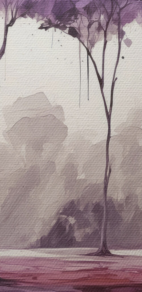 A painting of trees with purple leaves A painting of trees with purple leaves