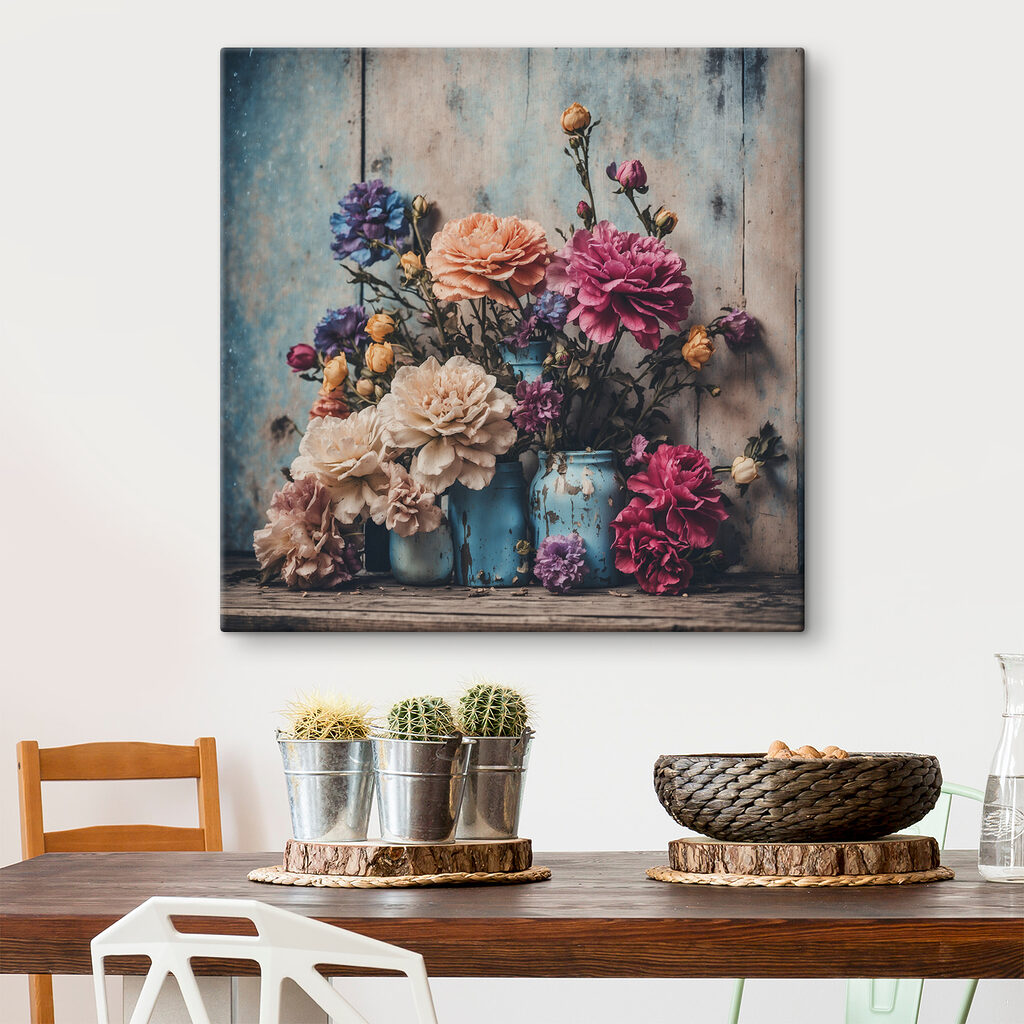 A group of colorful flowers in blue vases A group of colorful flowers in blue vases