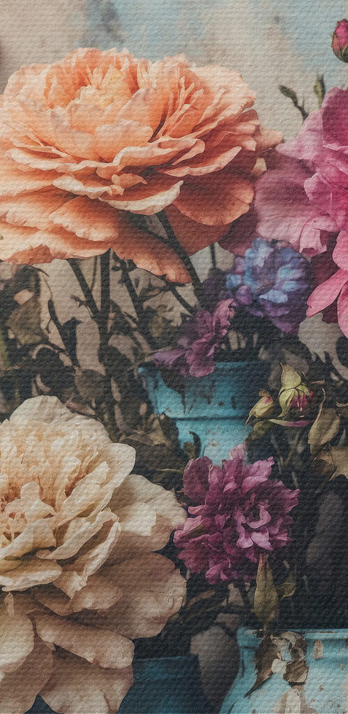 A group of colorful flowers in blue vases A group of colorful flowers in blue vases