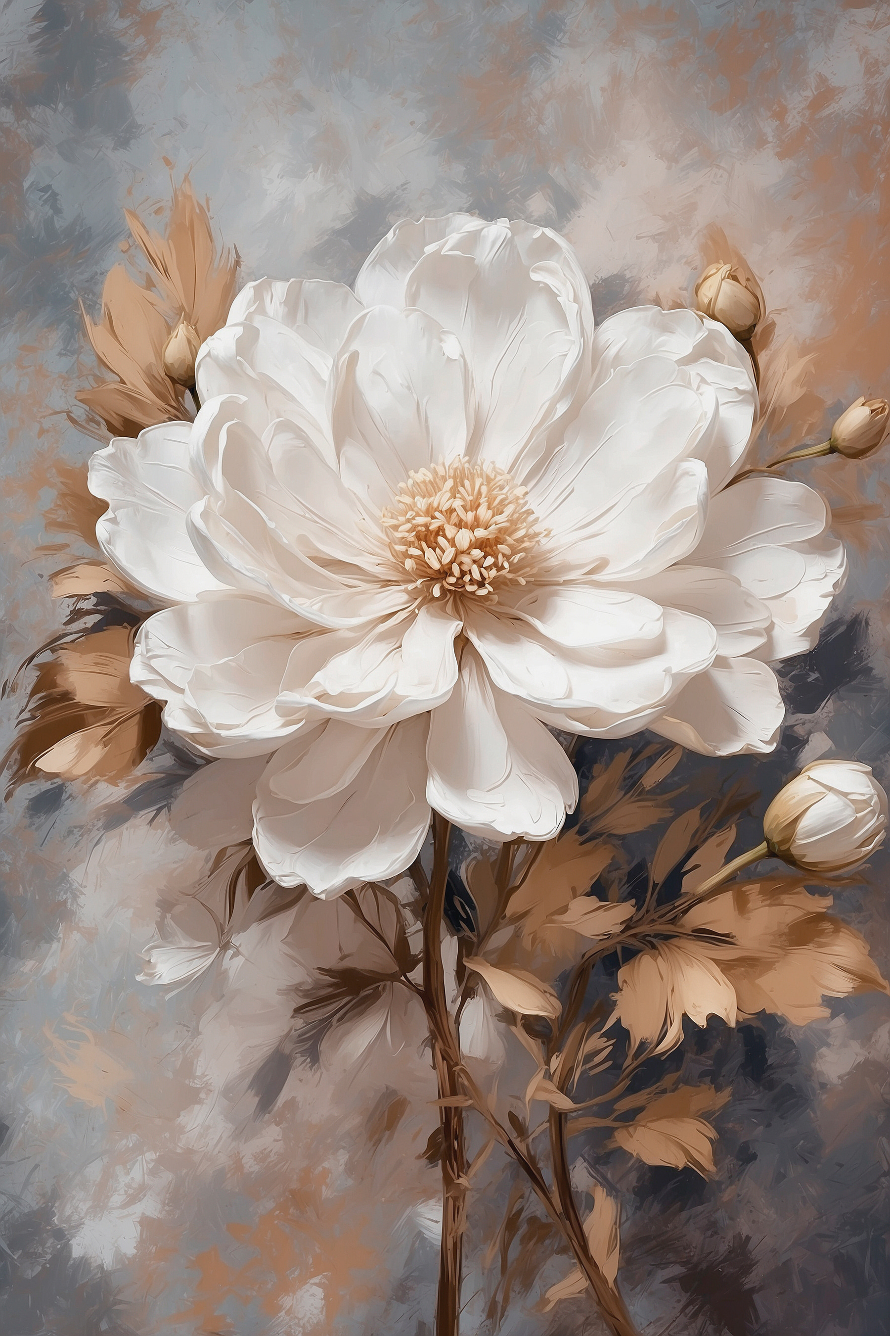 A white flower with brown leaves
