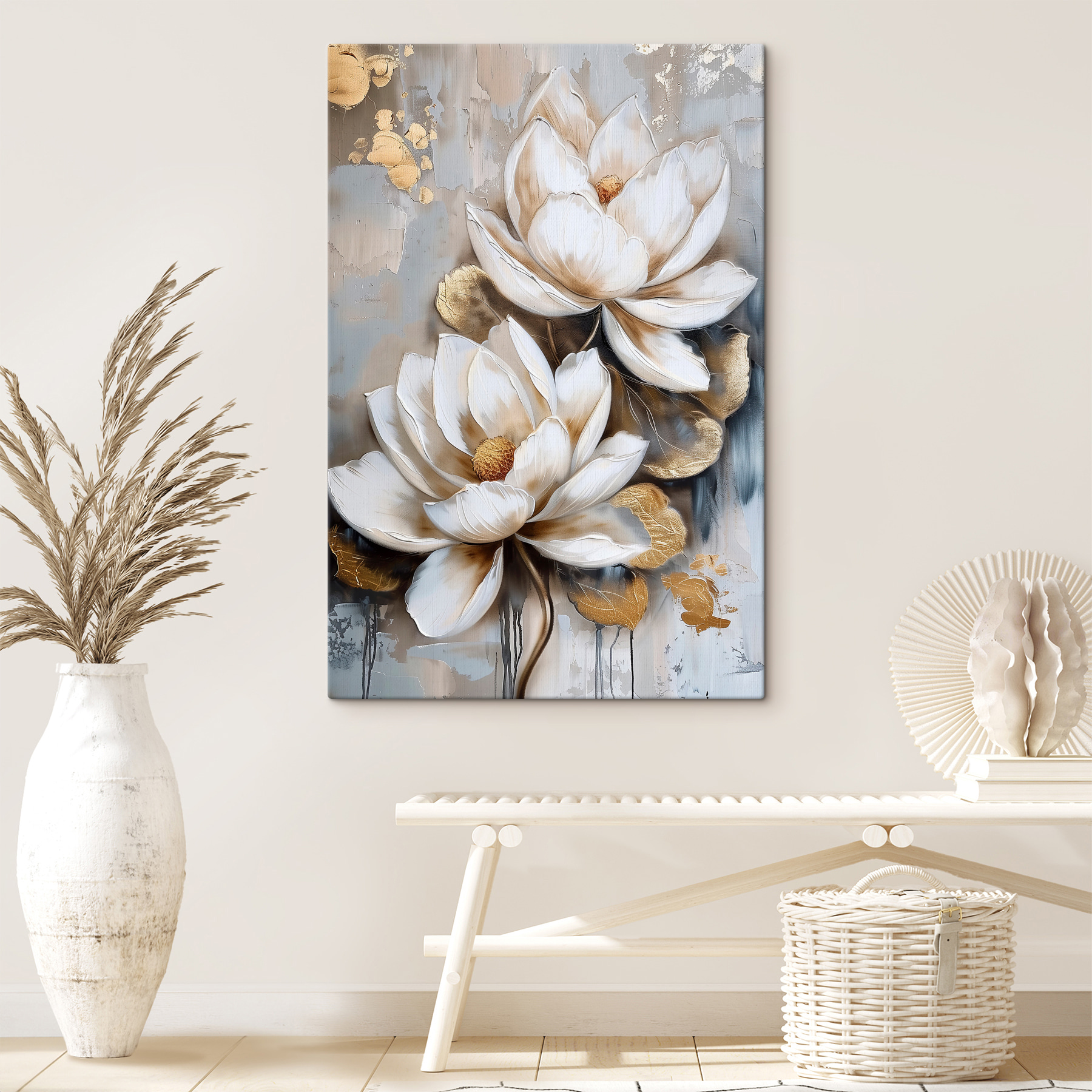 A painting of flowers on a grey background
