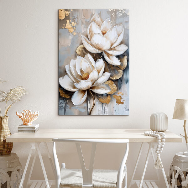 A painting of flowers on a grey background