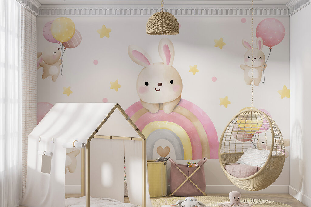 A cartoon bunny on a rainbow