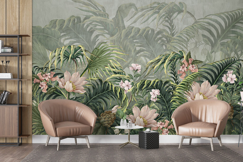 A wallpaper with flowers and leaves