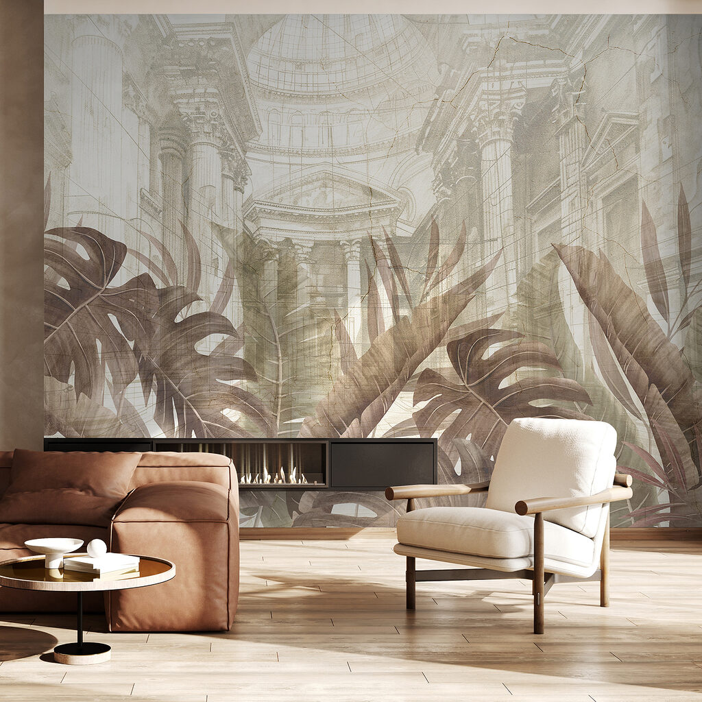 A painting of leaves and a building