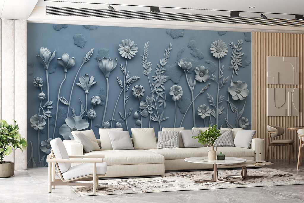 A grey wall with flowers and leaves