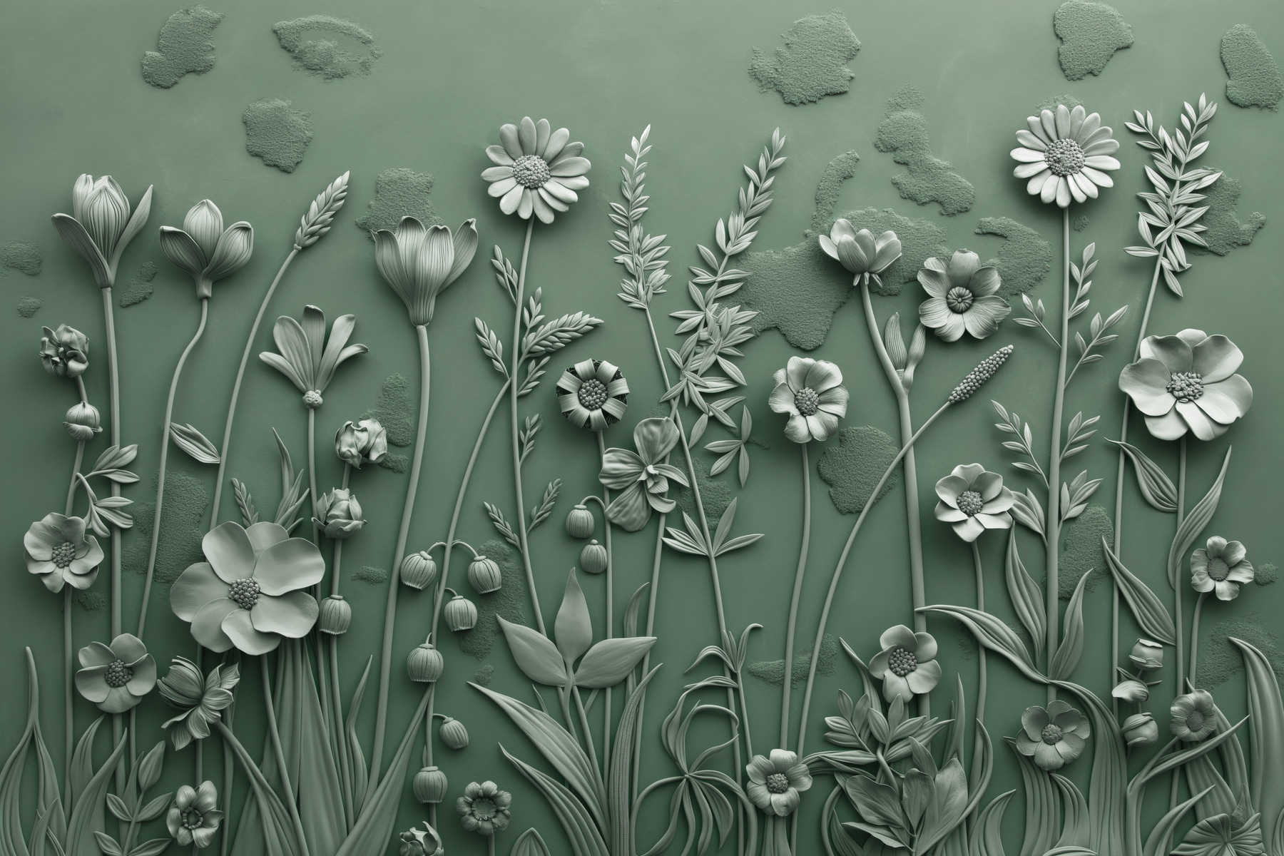 A grey sculpture of flowers and plants