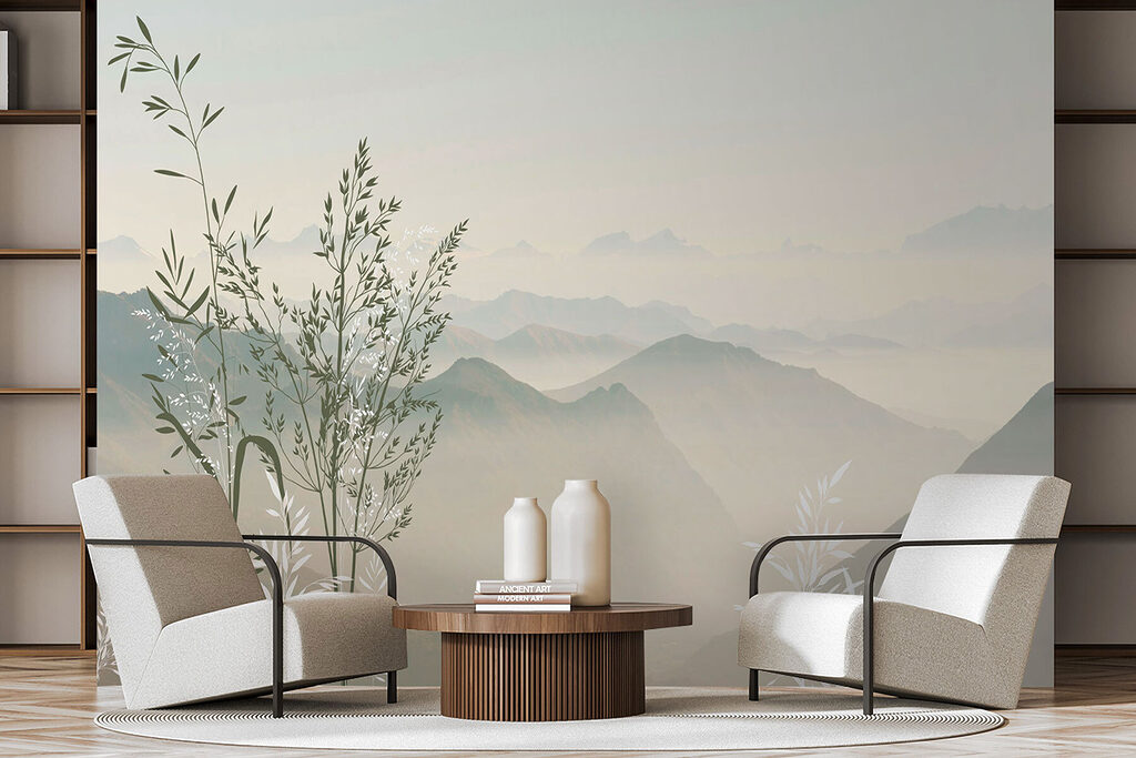 A landscape with mountains and trees A landscape with mountains and trees