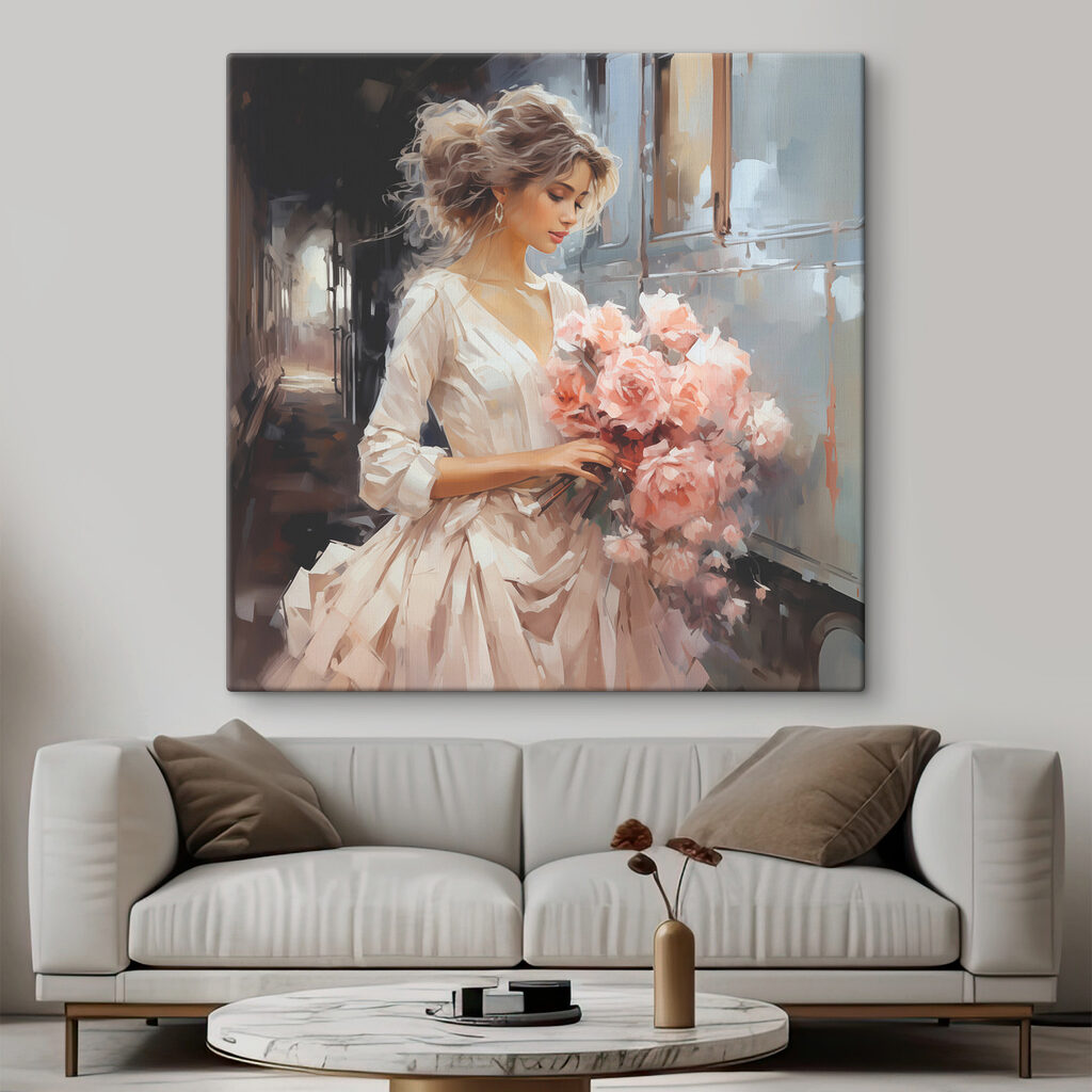 A woman holding flowers in a train