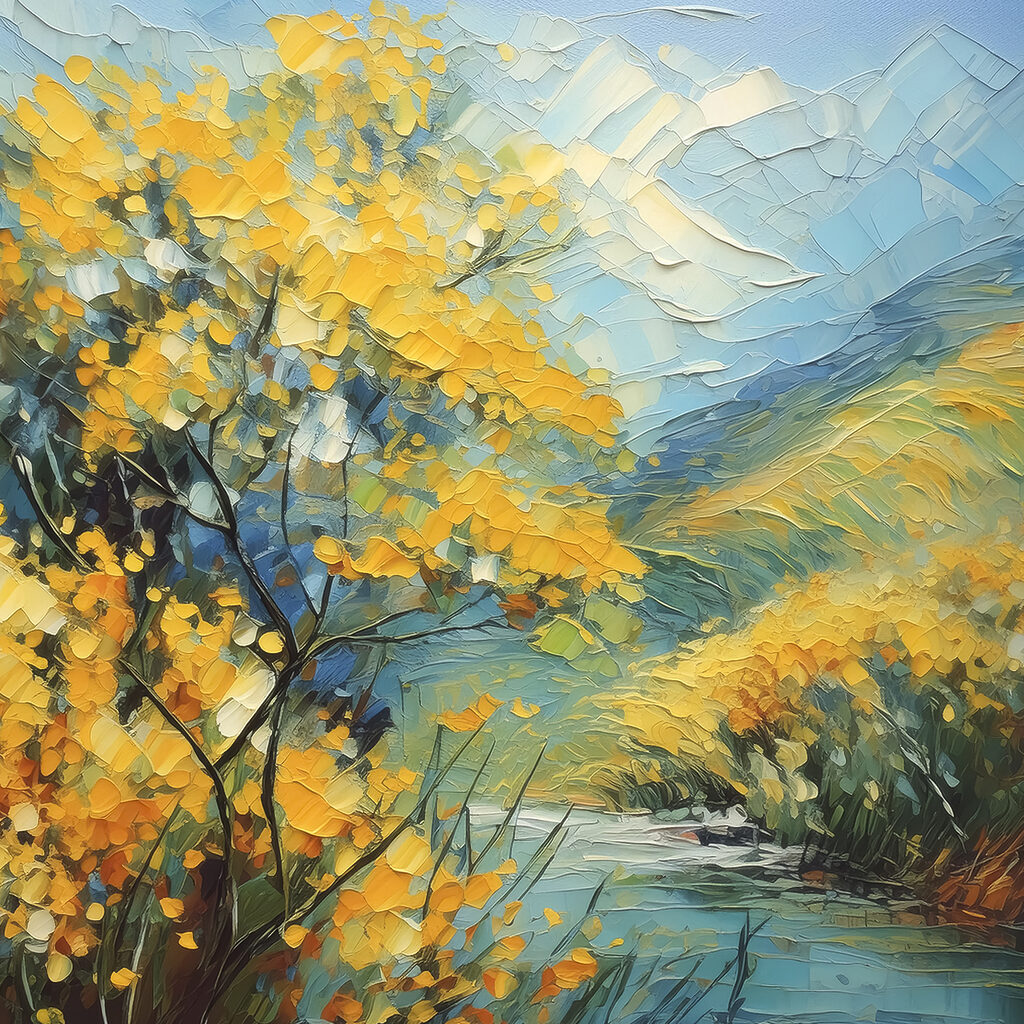 A painting of a river with yellow flowers A painting of a river with yellow flowers