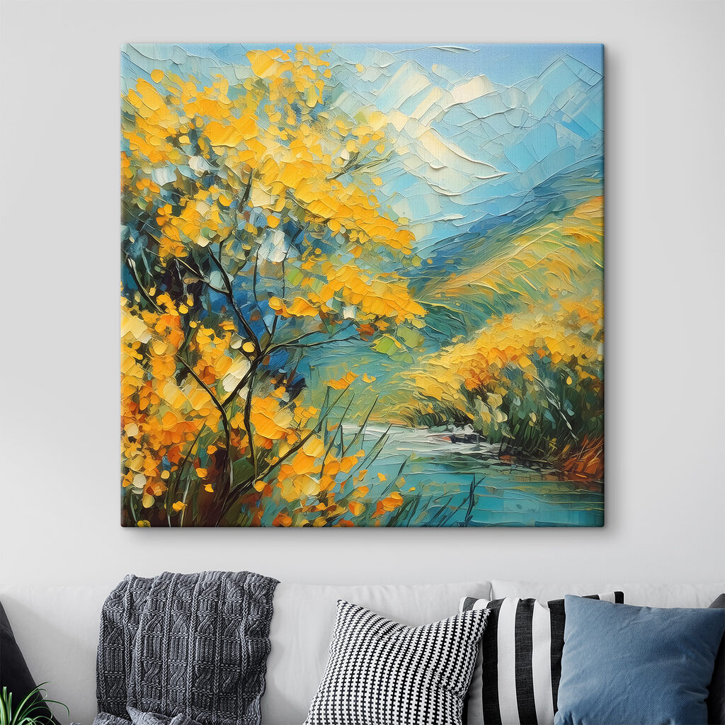 A painting of a river with yellow flowers A painting of a river with yellow flowers