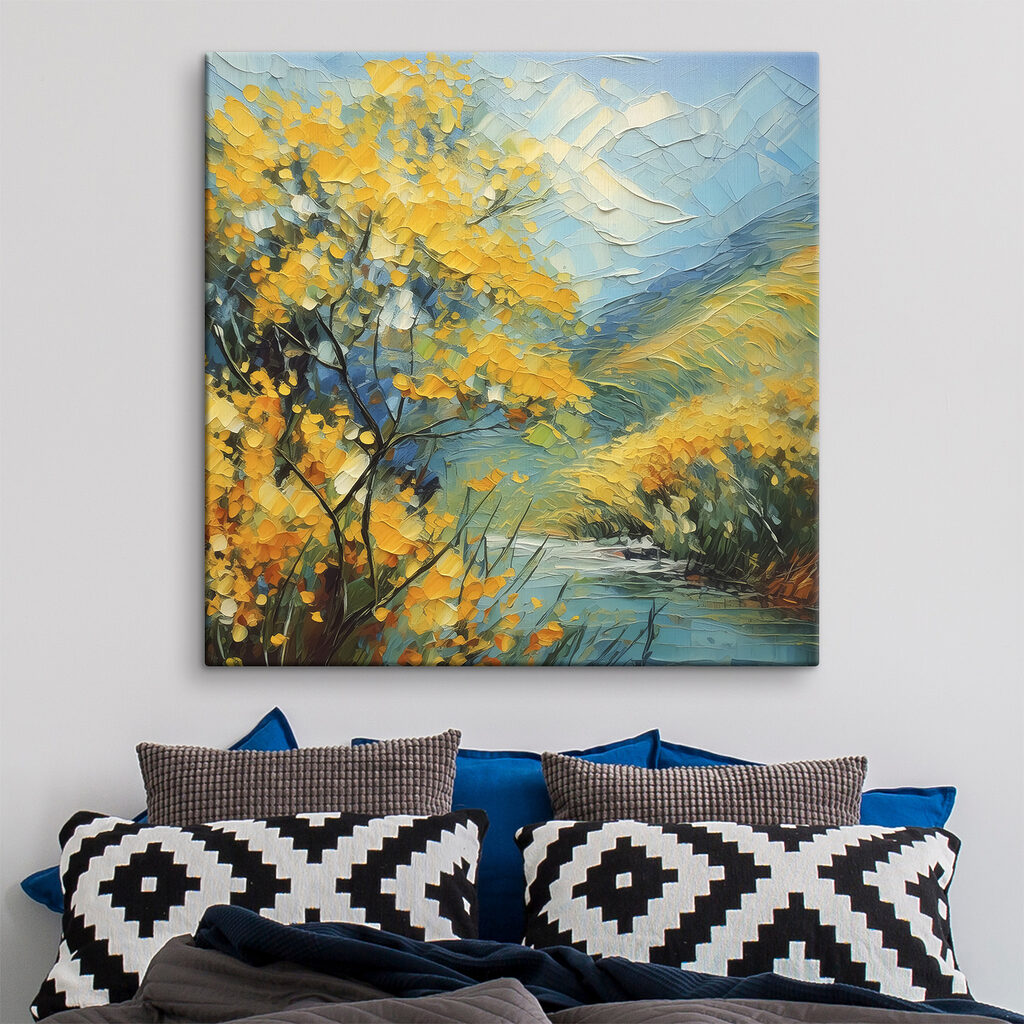 A painting of a river with yellow flowers A painting of a river with yellow flowers