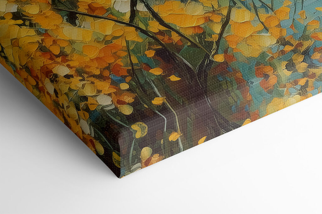 A painting of a river with yellow flowers A painting of a river with yellow flowers