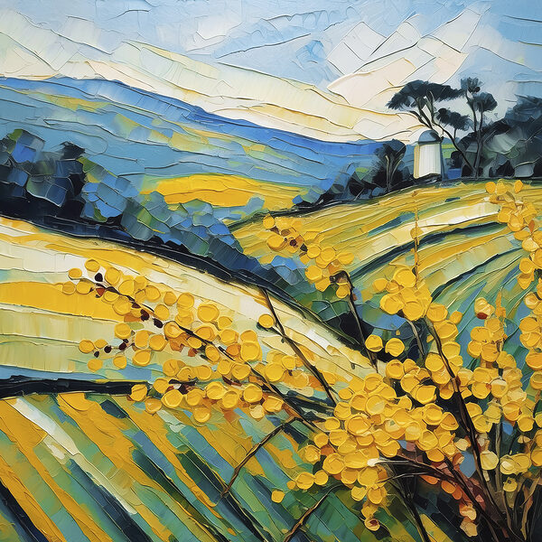 A painting of a field of yellow flowers A painting of a field of yellow flowers