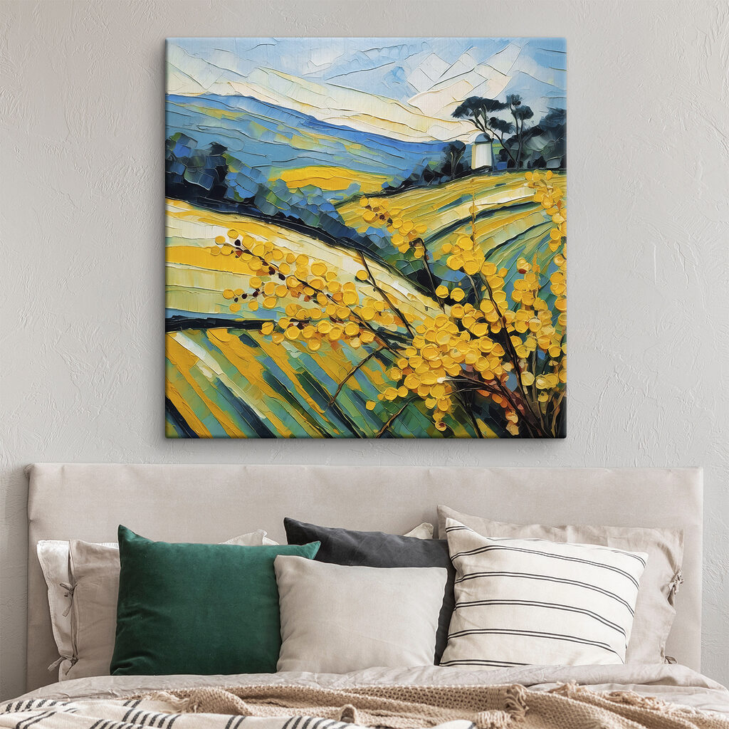 A painting of a field of yellow flowers A painting of a field of yellow flowers