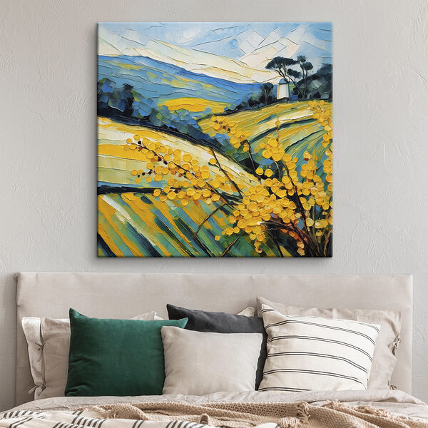 A painting of a field of yellow flowers A painting of a field of yellow flowers