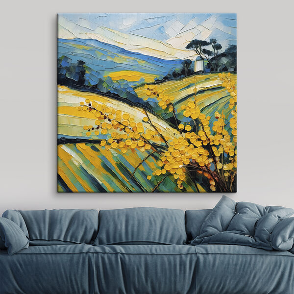 A painting of a field of yellow flowers A painting of a field of yellow flowers