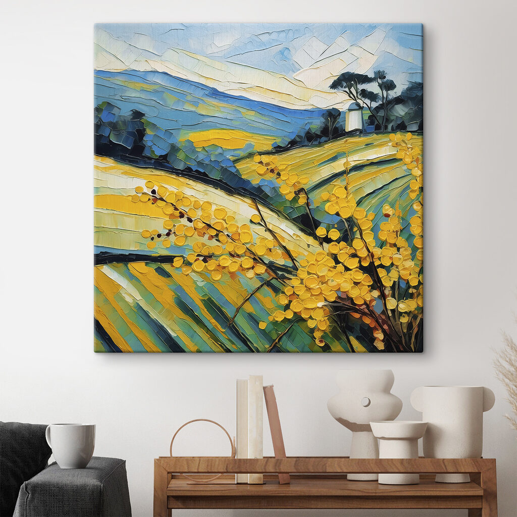 A painting of a field of yellow flowers A painting of a field of yellow flowers