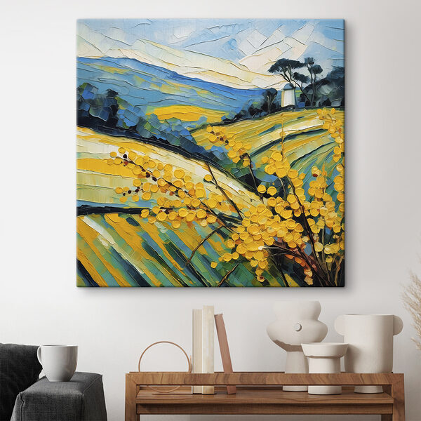 A painting of a field of yellow flowers A painting of a field of yellow flowers