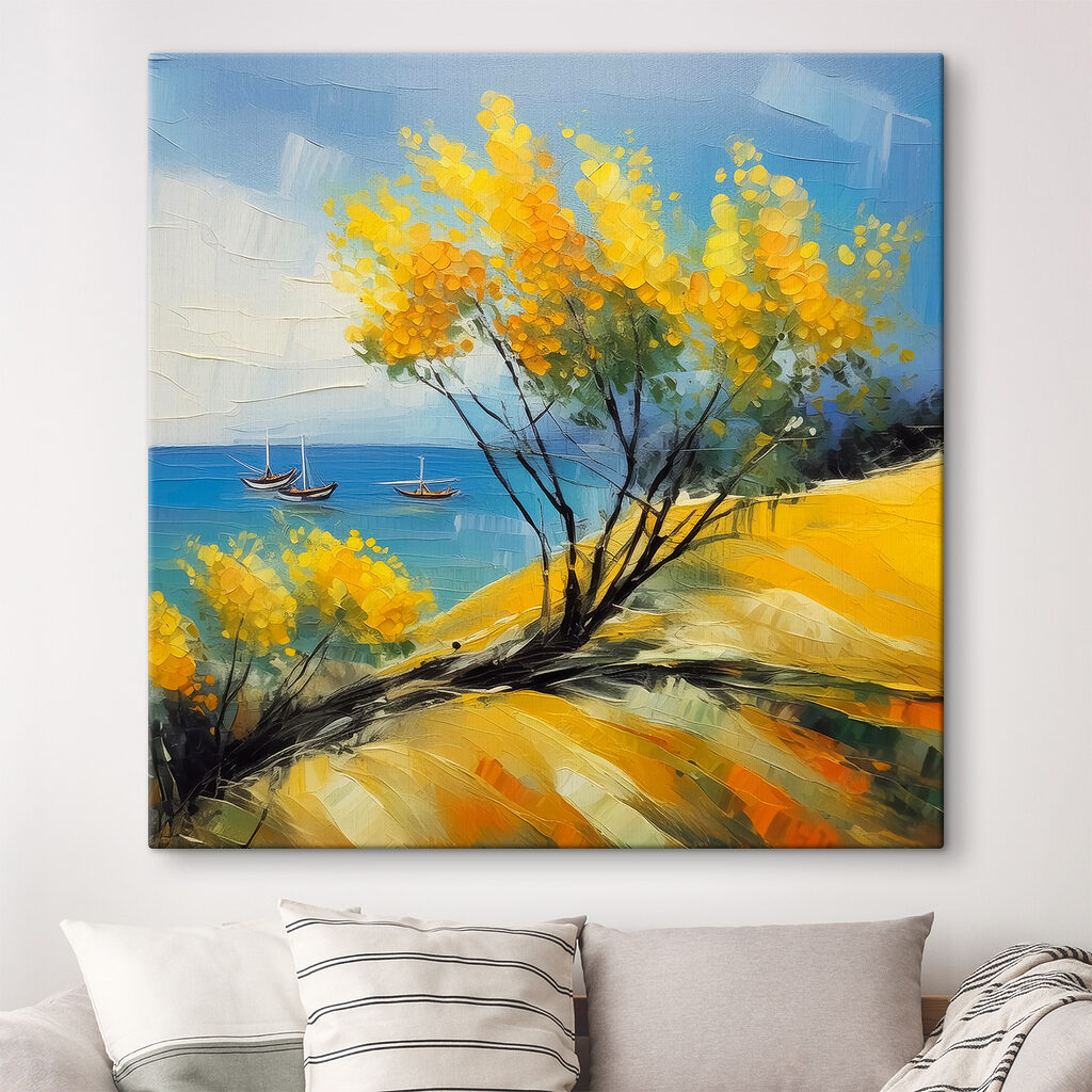 A painting of a yellow tree and boats in the water A painting of a yellow tree and boats in the water