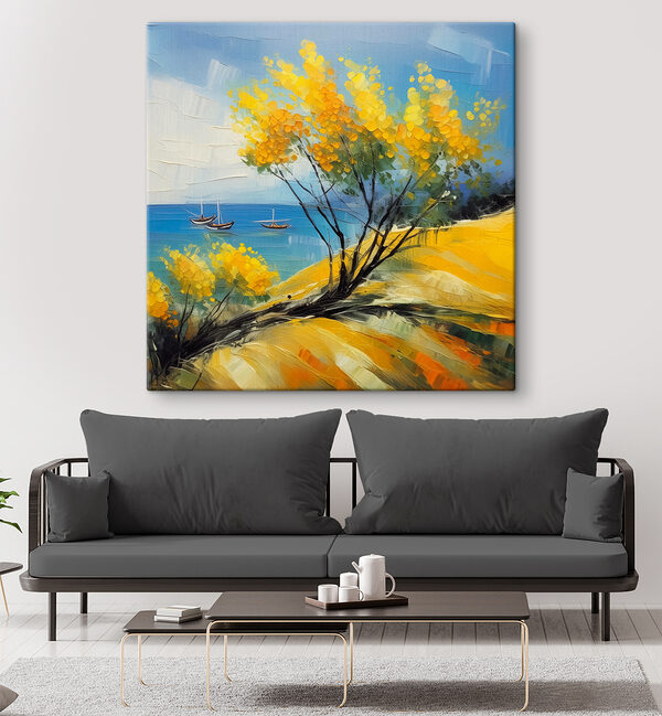 A painting of a yellow tree and boats in the water A painting of a yellow tree and boats in the water