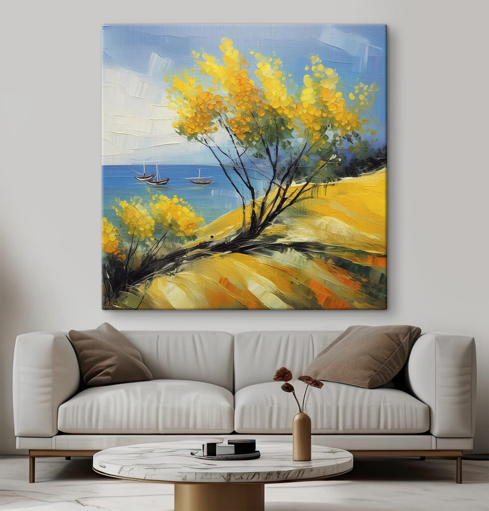 A painting of a yellow tree and boats in the water A painting of a yellow tree and boats in the water