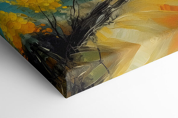 A painting of a yellow tree and boats in the water A painting of a yellow tree and boats in the water