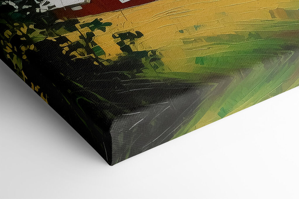 A painting of a house and boats on a lake