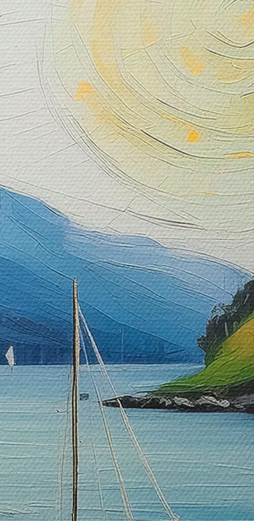 A painting of a house and boats on a lake