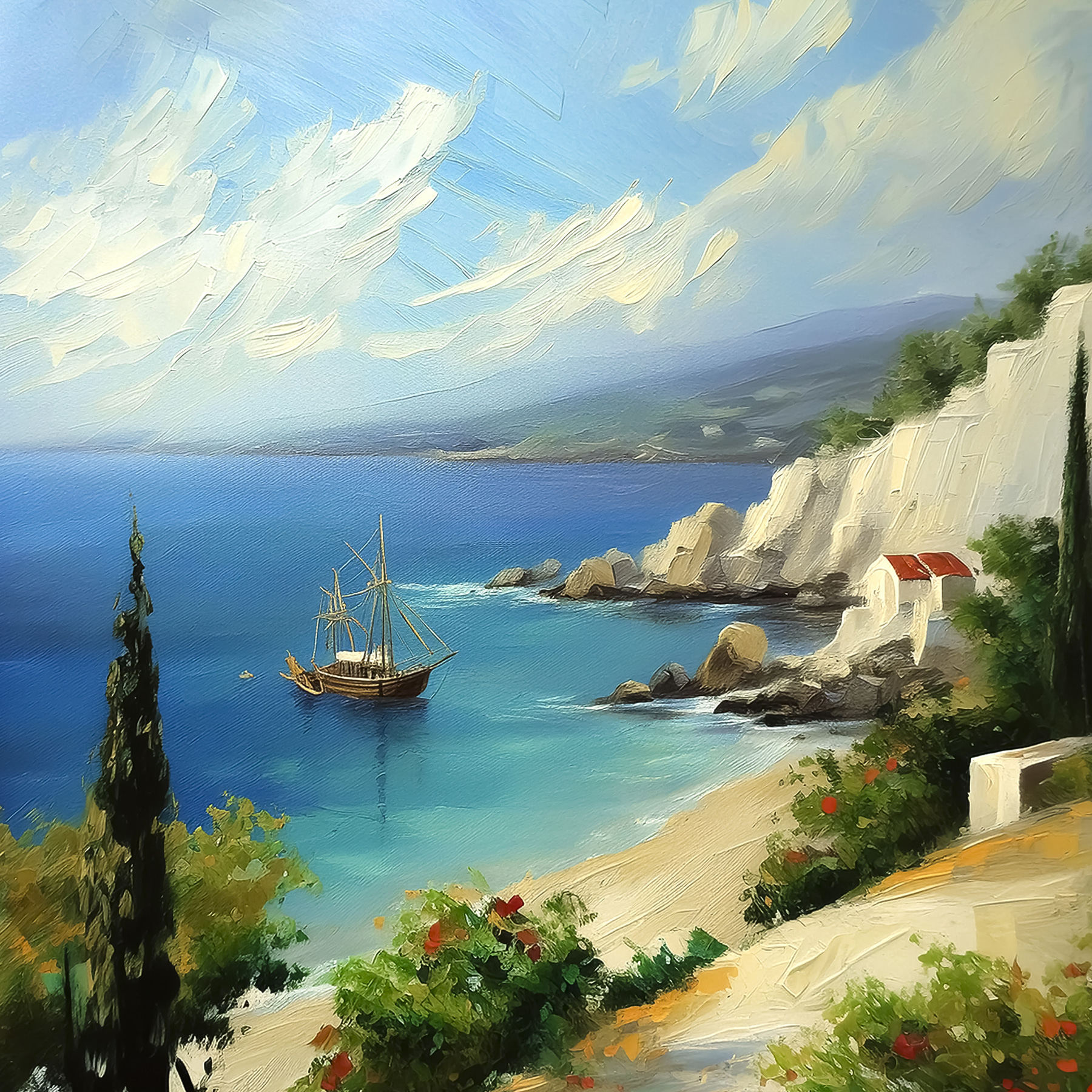 A painting of a boat in the water A painting of a boat in the water