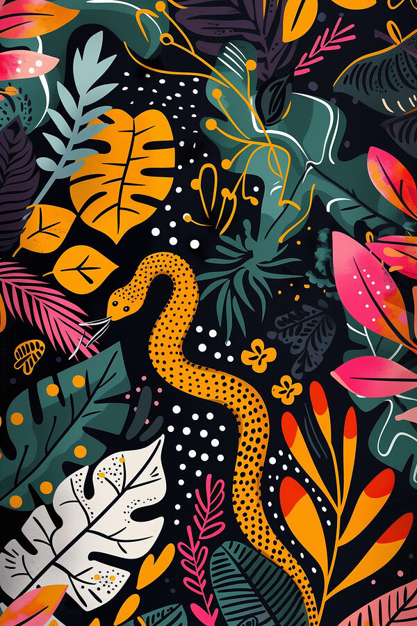 A colorful art of a snake and leaves A colorful art of a snake and leaves