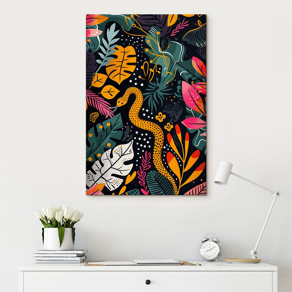 A colorful art of a snake and leaves A colorful art of a snake and leaves